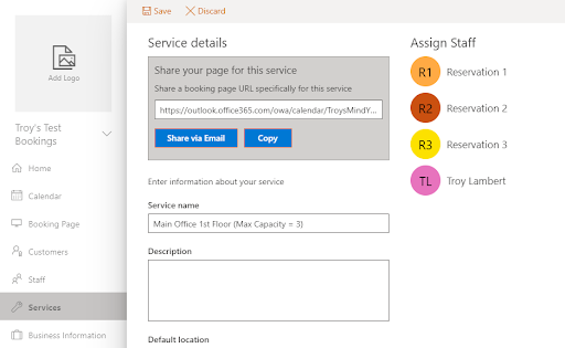 Microsoft Bookings Service Details