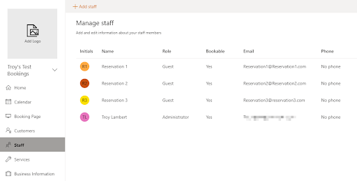 Microsoft Bookings Manage Staff