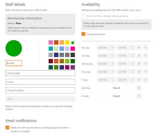 Microsoft Bookings Manage Staff Details