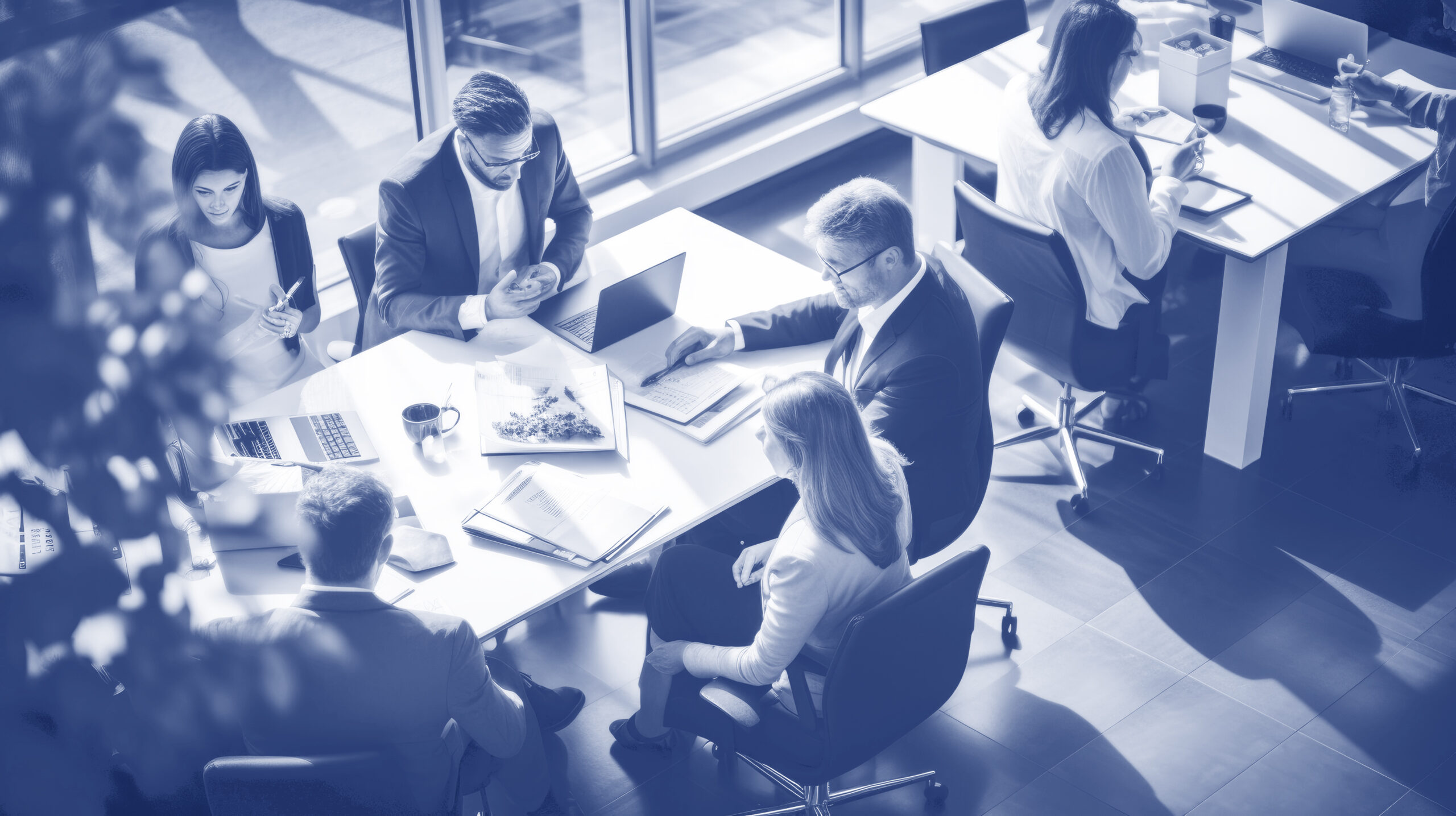 Business people working in office, top view. Generation AI
