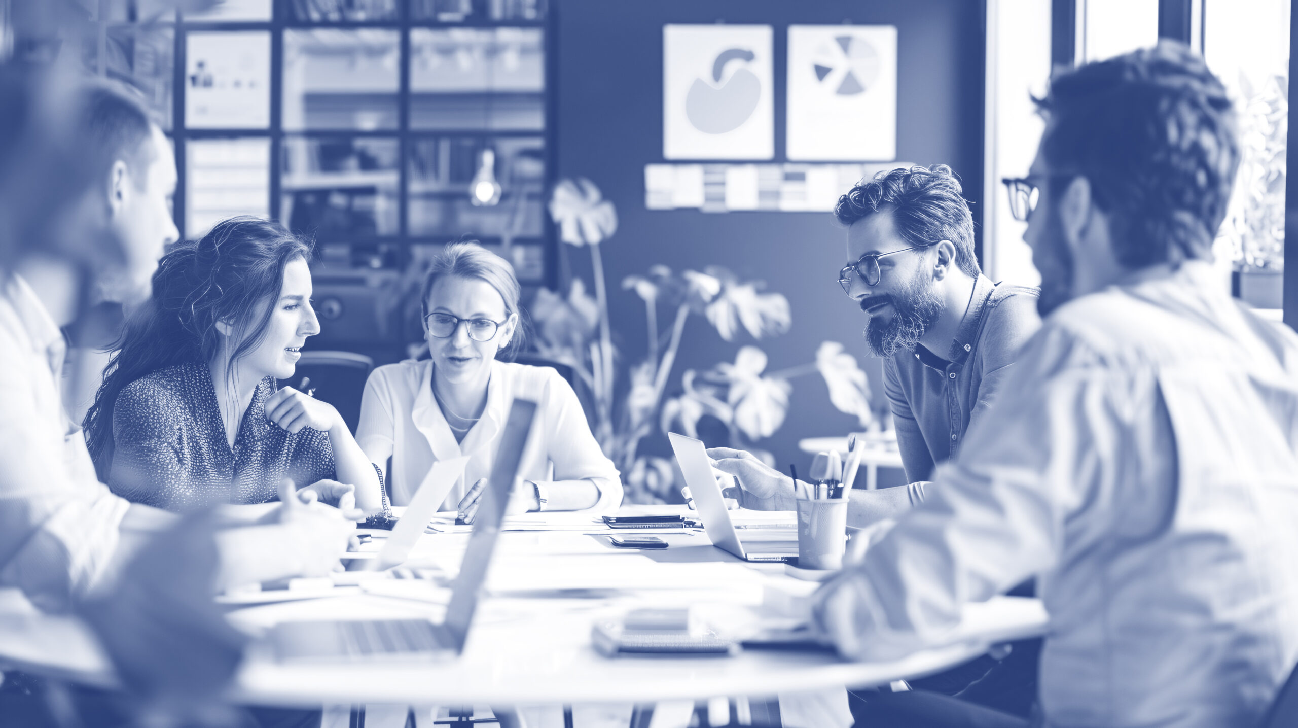 A visionary meeting where manufacturers and retailers discuss incentivizing designs for recyclability and compostability in a green office environment